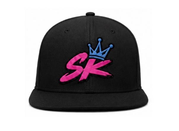 Black SK Cap — black snapback with pink SK logo and blue crown